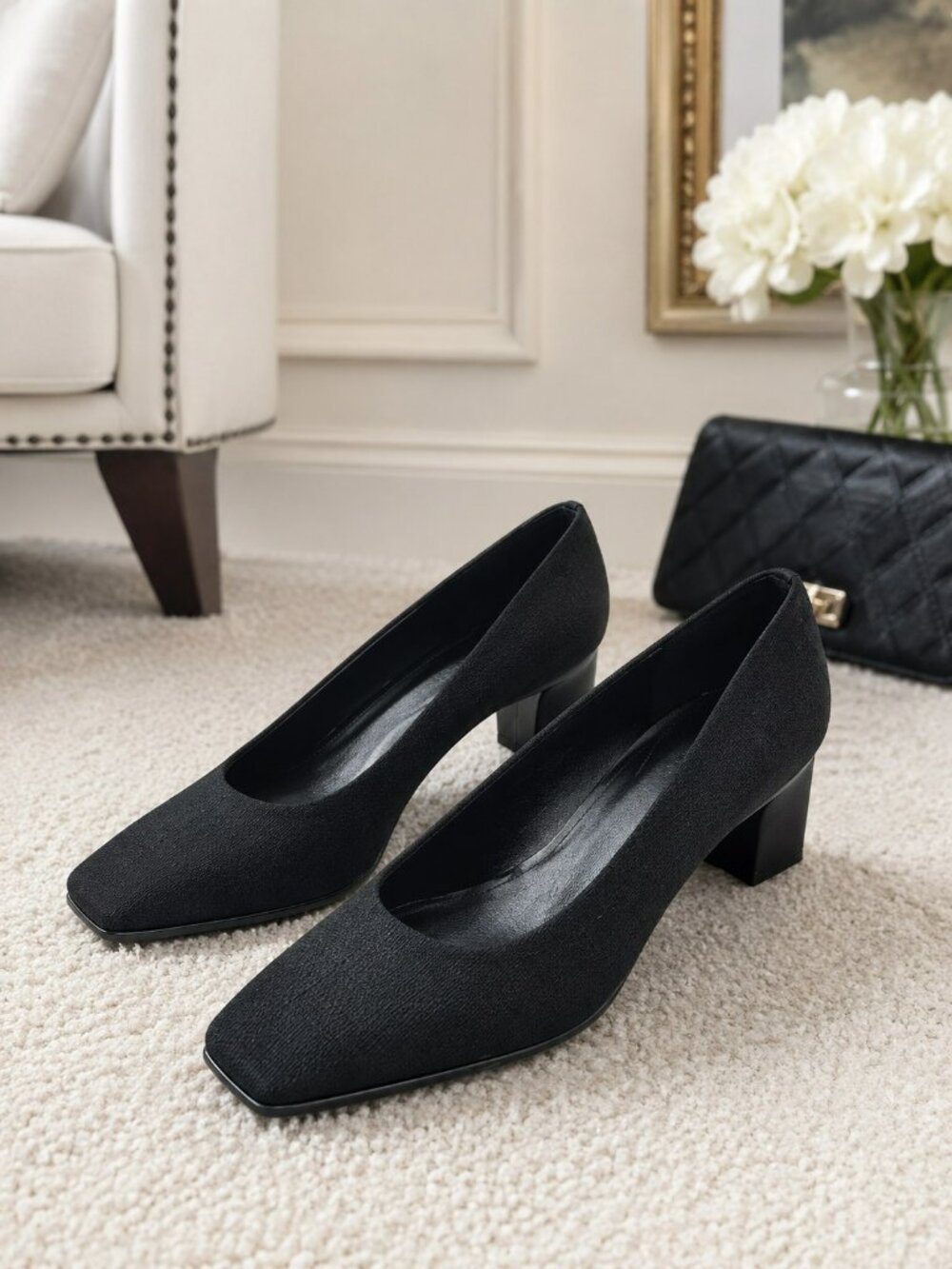 Stuart Weitzman Fabric Square Toe Block Heel Pumps Womens 6 B Black